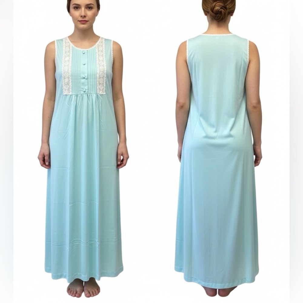 Vintage Gossard Artemis Aqua Blue Lace Pintuck Maxi Nightgown 5244 Small‎ USA